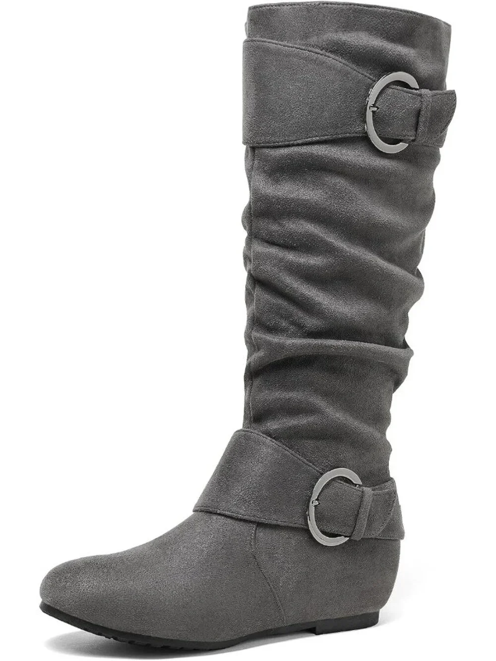 Women's Ura-Grey Faux Suede High Low Hidden Wedge Side Zipper Knee High Boots